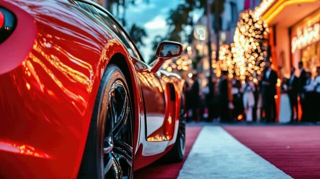 A high-performance sports car parked on a luxurious red carpet, great for use in lifestyle or automotive 