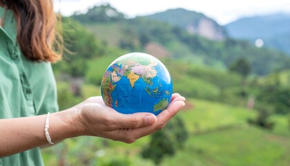 Woman holding globe with scenic mountain background, Earth Day, and environment conservation.