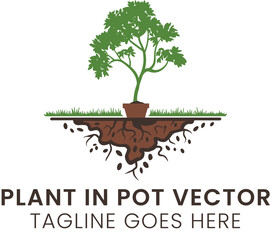 Obraz premium Green Plant Growing in Brown Pot Vector Illustration Nature eco tree soil life logo icon leaf seed 