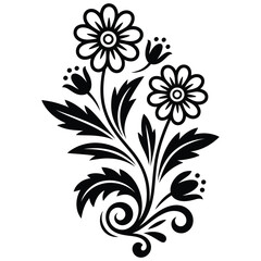 Black and White Floral Design Featuring Two Large Daisies Smaller Flowers and Swirling Leaves Elegant Monochrome