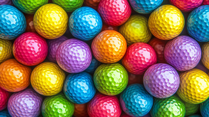 Many colorful miniature golf balls. Ideal for sports and gaming concepts, recreational activities, kids parties, and summer vacation promotions.