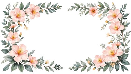 Vintage floral border with soft pastel roses, peonies, and leaves on white background. Perfect for wedding invitations, greeting cards, and elegant designs with space for text in the center.