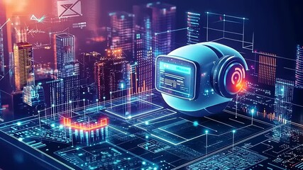 Futuristic robotic assistant analyzing data in a vibrant cityscape with glowing skyscrapers at night - Powered by Adobe
