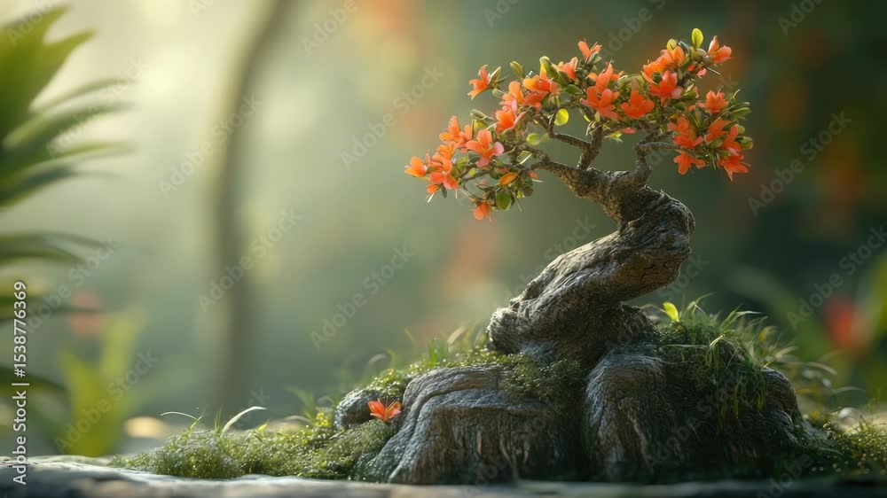 Poster a small bonsai tree surrounded by rocks and greenery, perfect for use in nature-inspired designs