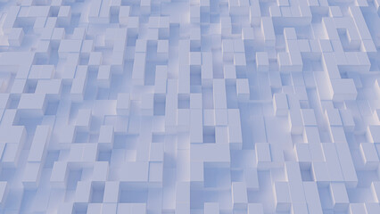 Complex pattern of interconnected, three-dimensional white cubes creating an abstract geometric surface with varying heights. Shadows and highlights enhance the textured depth and dynamic composition