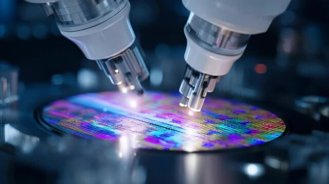 Advanced Robotic Arms Precisely Working on a Colorful Silicon Wafer for Future AI Technology Manufacturing