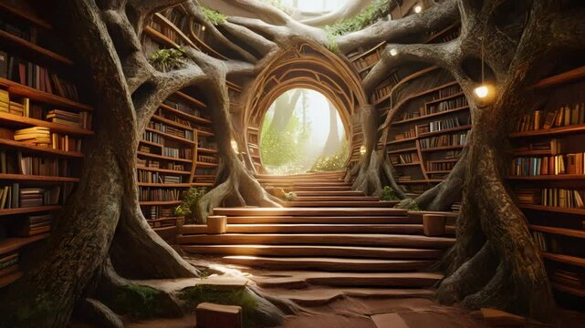 A library with books on shelves and a tree trunk entrance leading to a bright outdoor space. A magical tree library with books. Wooden stairs lead to forest light. Fantasy library with glowing trees