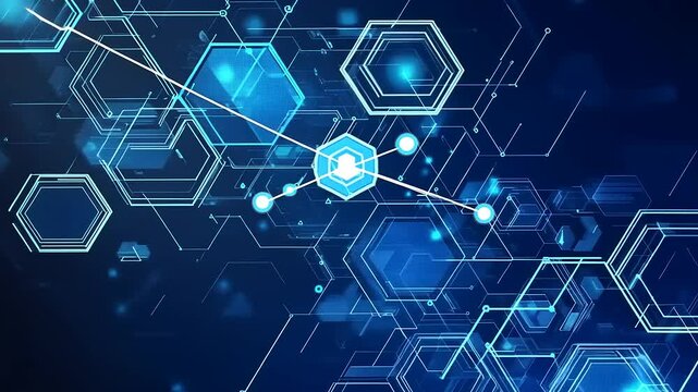 Abstract digital technology background with hexagonal shapes and glowing elements in blue tones - Powered by Adobe