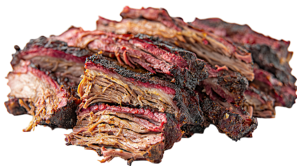 Sliced smoked brisket close-up with a dark bark