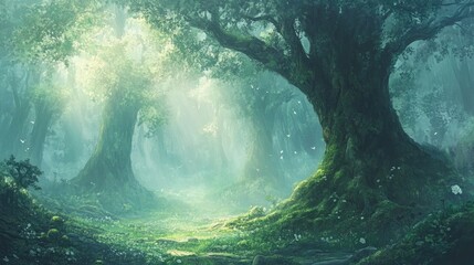 Enchanted Forest Path with Sunlight Filtering Through Trees and Mystical Atmosphere in a Serene Landscape