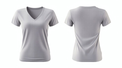 Fototapeta premium Plain light gray V-neck t-shirt 3D mockup showcasing front and back views for women's casual wear presentation on white background.
