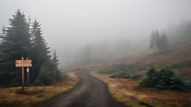 A mountain trail winding through foggy terrain, dense pine trees on both sides, moody atmosphere with soft mist and low visibility
