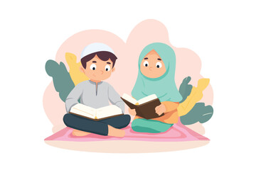 Two Muslim children reading books together on pink mat