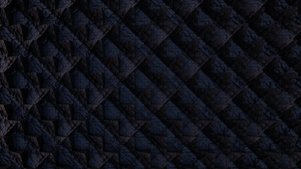 Dark textured geometric pattern showcasing intersecting diamond shapes with intricate quilted stitching, creating a visually engaging design with depth and contrast. No text visible