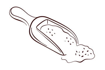 Ground cinnamon in wooden spoon in line art style on a white background.