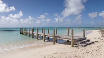 Weather-worn wooden pier extending from sandy beach into calm turquoise sea with sturdy posts, gentle waves, clear blue sky, fluffy clouds, and distant sailboats.