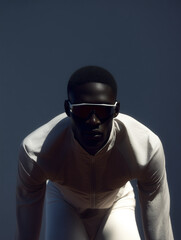 African American athlete in a white bodysuit and sunglasses preparing for a run on a blue background. Concept of sport and healthy lifestyle.