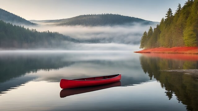 A red canoe floating on a calm lake surrounded by forested hills