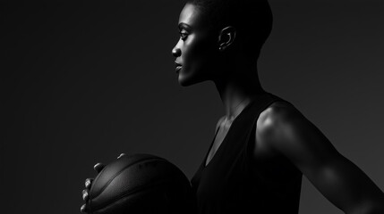 Beautiful athletic African American woman with a basketball on a black background.