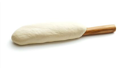Unbaked bread dough with wooden rolling pin on a white background