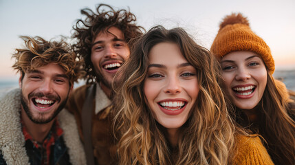 Happy group of friends smiling outdoors, enjoying autumn weather, wearing cozy warm clothing, showing joyful expressions, togetherness and friendship at sunset