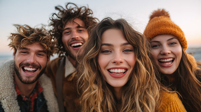 Happy group of friends smiling outdoors, enjoying autumn weather, wearing cozy warm clothing, showing joyful expressions, togetherness and friendship at sunset