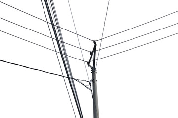 Electrical pole with multiple wires extending diagonally against a blue sky