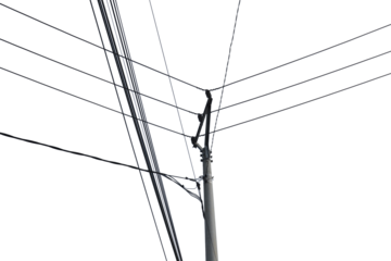 Electrical pole with multiple wires extending diagonally against a blue sky