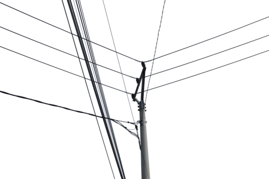 Electrical pole with multiple wires extending diagonally against a blue sky