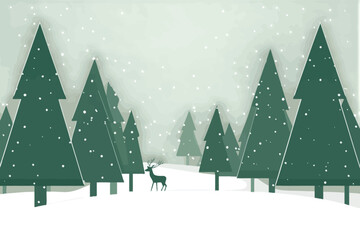 Winter Deer in Green Forest Snowy Landscape trees
