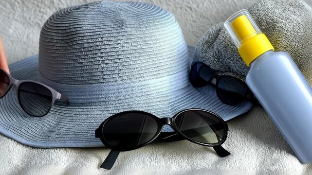 Sun protection essentials for a relaxing day at the beach with sunglasses, a wide-brimmed hat, and sunscreen