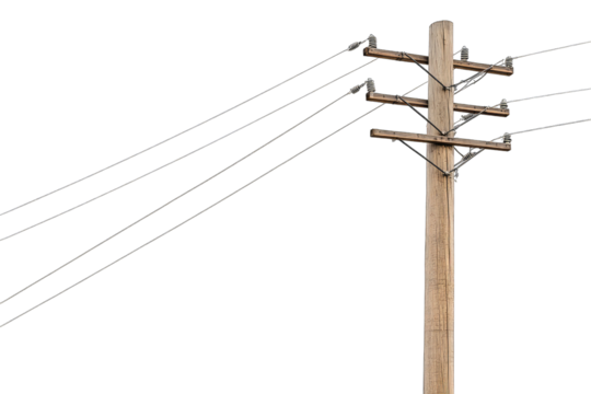 Wooden utility pole with power lines