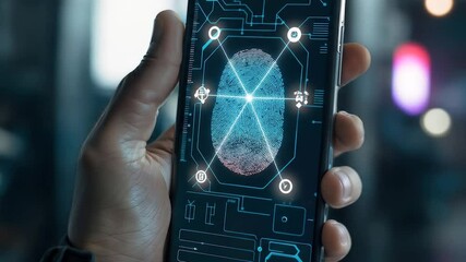 Futuristic biometric fingerprint scanning interface displayed on smartphone screen with glowing blue holographic elements and advanced security technology visualization - Powered by Adobe