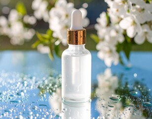 Glass dropper bottle mockup on mirror surface with water droplets