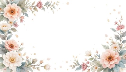 Fototapeta premium Vintage floral border with soft pastel roses, peonies, and leaves on white background. Perfect for wedding invitations, greeting cards, and elegant designs with space for text in the center.