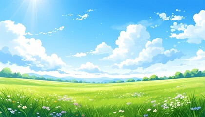 Obraz premium 夏の空と入道雲が広がる爽やかな草原5