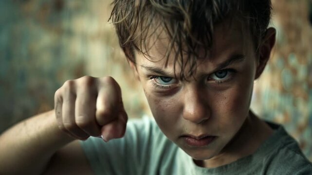 Intense young boy with clenched fist showing aggressive behavior and angry expression representing childhood bullying and social conflict in educational settings. Bad teenager