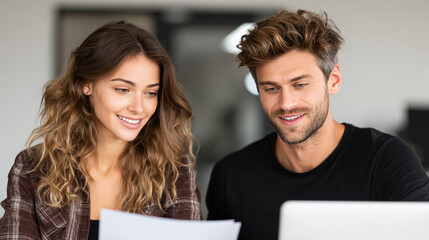 Young couple reviewing documents together smiling sitting at desk with laptop casual clothing bright modern home office teamwork planning relaxed atmosphere