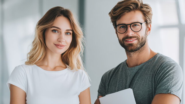 Smiling young couple standing together in bright modern office, holding documents, casual clothing, natural light, confident and relaxed atmosphere