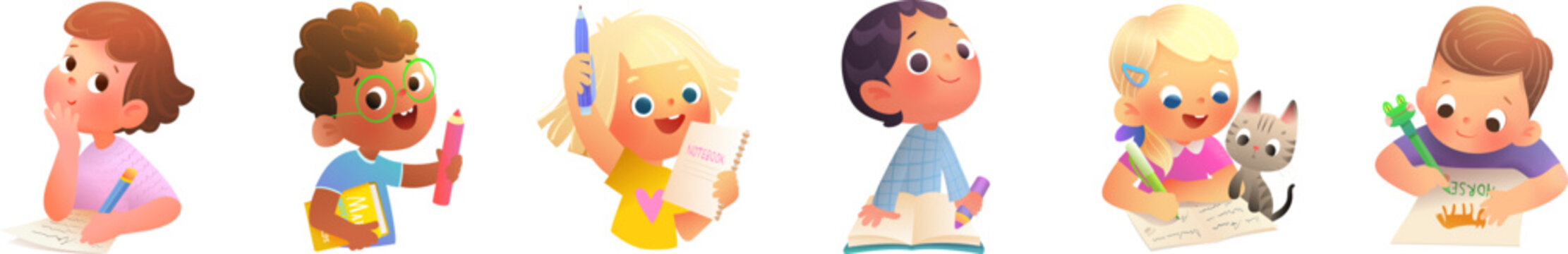 Back to school kids boys and girls writing and reading collection. Schoolchildren characters with books pencils and notebooks study to write and read. Colorful vector school children cartoon clip art.