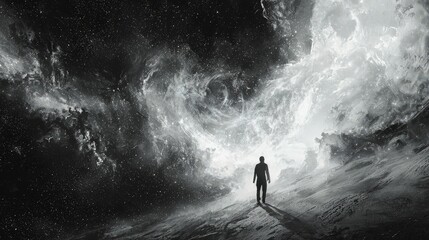 Fototapeta premium Silhouette of a person venturing into a cosmic landscape.