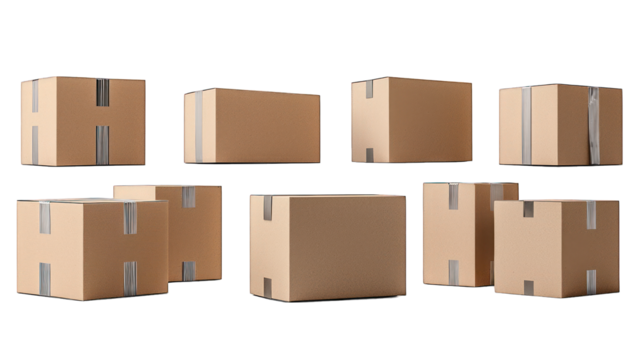 Stacked, closed, brown cardboard boxes in neat formation