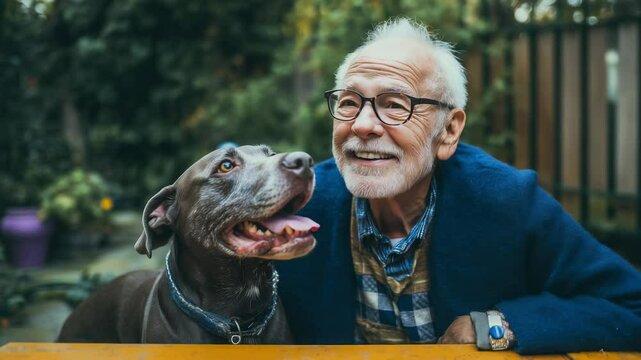 An elderly caucasian man laughs beside his loyal dog in a green backyard. Concept of intergenerational companionship.