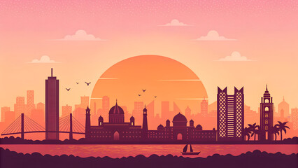 Obraz premium Mumbai skyline in minimalist vector, warm sunset gradient and grain generative ai