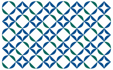 Fototapeta premium Floral batik background in Indonesian ethnic style using shades of blue and green. The repeated symmetrical design highlights a clean, contemporary tribute to cultural motifs. Seamless geometric art