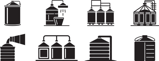 Agricultural silos storage tanks farm equipment icons. eps-10