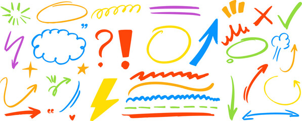 Vector hand-drawn colorful arrows, symbols, check marks, speech bubbles and underline doodles on transparent background. Fun sketch elements for note taking or infographic design