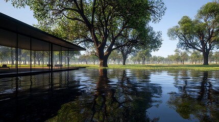 Obraz premium Modern glass pavilion reflecting in calm water surrounded by lush green trees and grass
