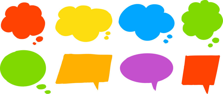 Vector speech and thought bubbles in bright solid colors. Perfect for modern comic design, social media posts, pop art, and creative note-taking visuals