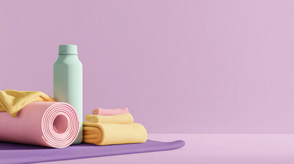 Pastel yoga mats, towels, water bottle on purple background suitable for wellness blogs, fitness websites, and lifestyle social media.